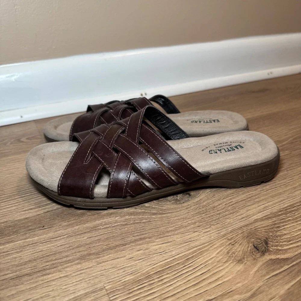 Eastland Brown Leather Woven Slide Sandals Womens 10M Memory Foam Boho Comfort